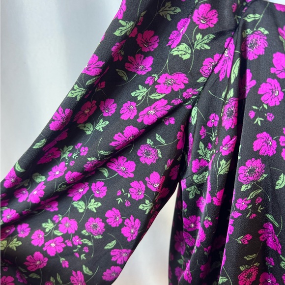 Leith Black Fuschia Floral Long Sleeve Button Up Elastic Shoulder‎ Blouse 1X - Picture 4 of 10